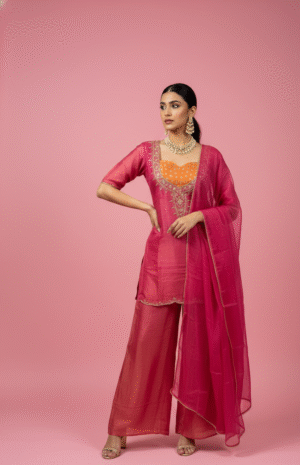Pink Organza Embroidered Short Kurti Sharara Set with Dupatta