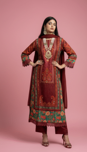 Rust & Maroon Printed Straight Suit Set with Dupatta – Traditional Ethnic Elegance