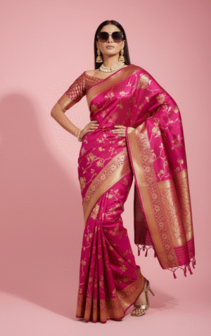Hot Pink Pure Banarasi Saree with Golden Zari Floral Weaving