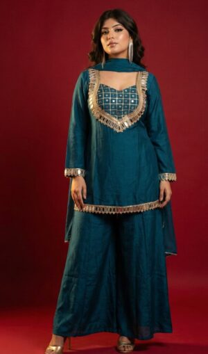 Teal Party Wear Mirror Work Suit With Palazzo