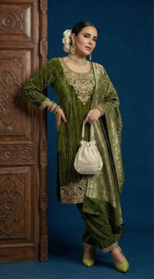 Premium Velvet Olive Green Embroidered Suit Set