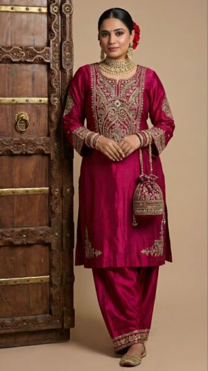 Premium Velvet Maroon Embroidered Suit Set