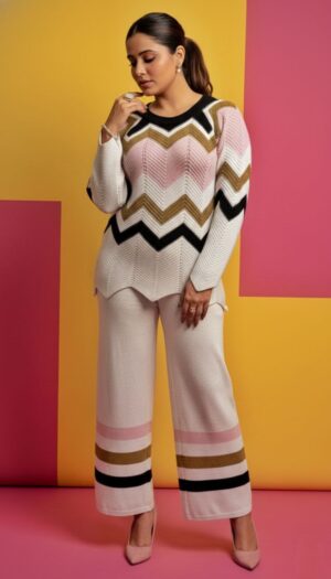 Chevon Pattern Knitted Winter Co-Ord Set (Soft Peach)