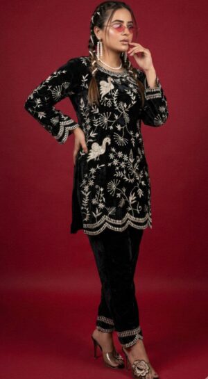 Premium Velvet Black Embroidered Suit Set