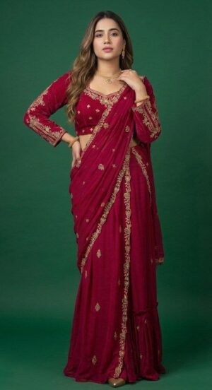 Ready-To-Wear Red Embroidered Saree with Blouse & Dupatta Style Pallu