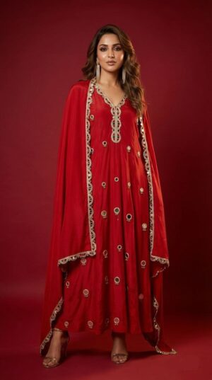 Premium Festive Red Embroidered Anarkali Set with Cape Dupatta