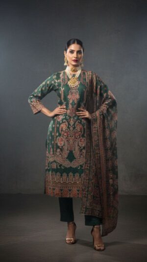 Premium Kashmiri Print Green Suit Set with Dupatta