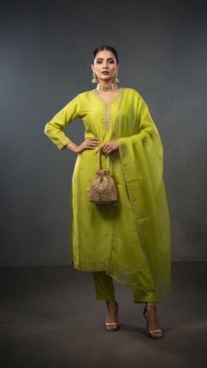 Elegant Lime Green Embroidered Suit Set with Dupatta