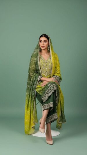 Green Bandhej Printed Embroidered Suit Set with Dupatta