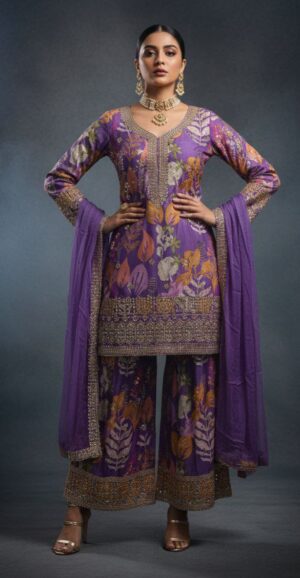 Premium Purple Floral Embellished Suit Set