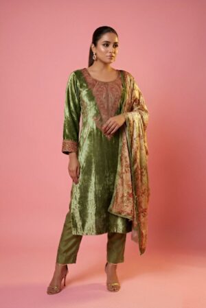 velvet-printed-dupatta-suit-set-olive-emerald-green