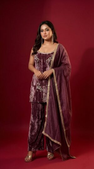 mauve-sleeveless-velvet-partywear-suit-set