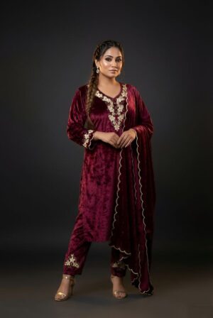 wine-velvet-thread-embroidered-suit-set