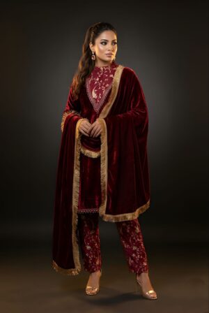 Velvet Maroon | Teal Blue Zari Embroidered Suit Set with Heavy Dupatta