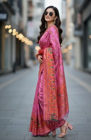 A classic Printed saree highlighted with gold motifs and a contrasting Beautiful Paintingzari border.