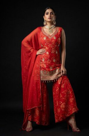 Woven Floral Orange Silk Kurta Palazzo Suit