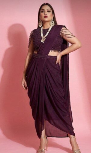 Wine Purple Indo-Western Draped Saree with Designer Blouse