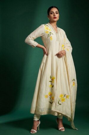 Ivory Embroidered Anarkali Kurta Set with Floral Dupatta