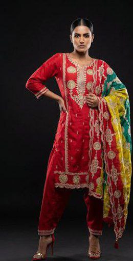 Red Embroidered Kurta Salwar Set with Multicolor Dupatta