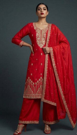 Red Embroidered Kurta Palazzo Set with Matching Dupatta