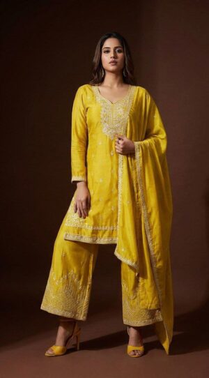 An elegant red kurta palazzo set highlighted with delicate gold embroidery and a matching dupatta.