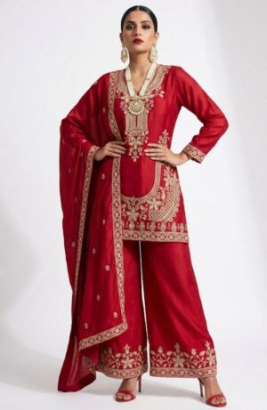 Red Embroidered Kurta Sharara Set with Dupatta