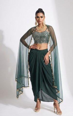 Emerald Green Indo-Western Draped Skirt Set with Cape