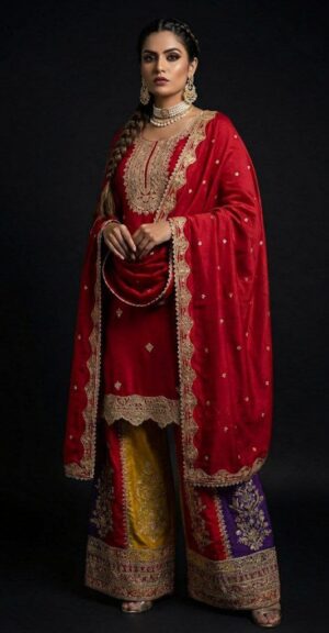 Red Embroidered Kurta Palazzo Set with Contrast Panels & Dupatta