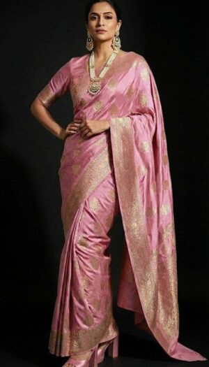 Classic soft blush Pink Banarasi Silk Saree with All-Over Gold Buti Work