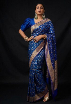 Royal Blue Banarasi Silk Saree with Gold Zari Border