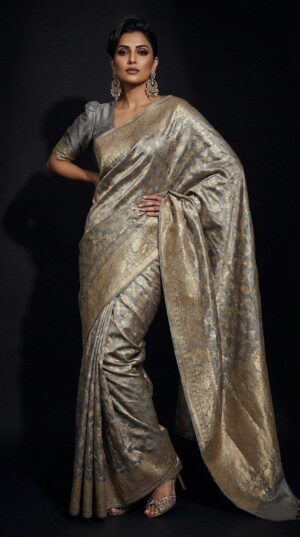Silver Grey Banarasi Silk Saree with Antique Gold Zari