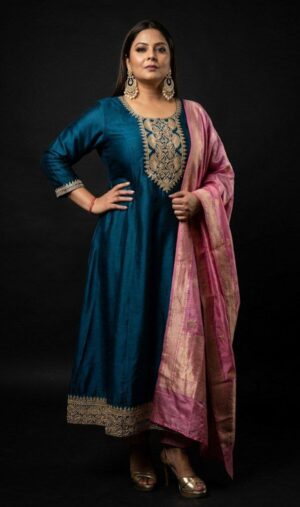 Teal Blue Shimmer Anarkali Suit with Banarasi Pink Dupatta
