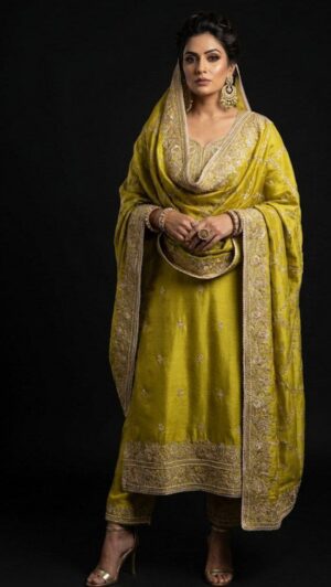 Elegant pearl embroidery mustard green suit is designed