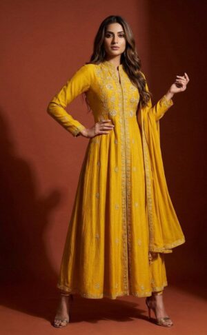 Mustard Yellow Embroidered Anarkali Suit with Dupatta