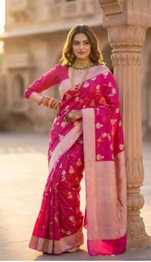 Wine Pink Floral Organza Silk Saree with Soft Blush Border