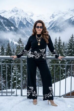 Black Floral Knit Co-Ord Set with White Motif Detailing