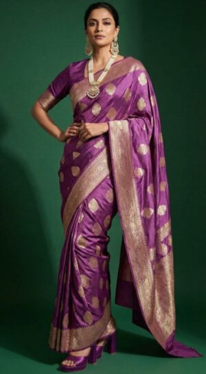 Purple Banarasi Silk Saree with Gold Zari Buta