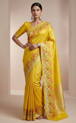 Yellow Banarasi Silk Saree with Floral Zari Border