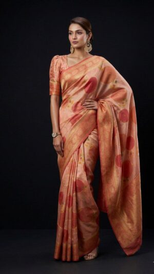 Peach Banarasi Silk Saree with Traditional Print