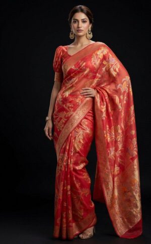 Red Banarasi Silk Saree with Floral Zari Weaving