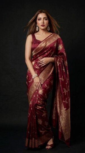 Banarasi Silk Saree with Gold Zari Weaving (Red & Deep Maroon)