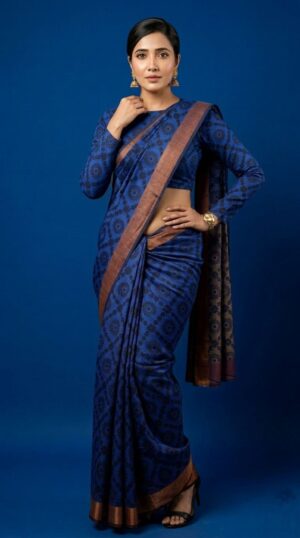 Cotton Linen Printed Saree with Gold Border Color Variations  Emerald Green Olive Green Steel Grey Mustard Yellow Royal Blue Rust Brown