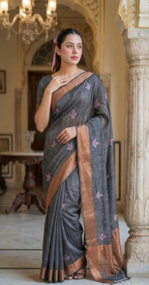 Cotton Embroidered Saree with Contrast Border