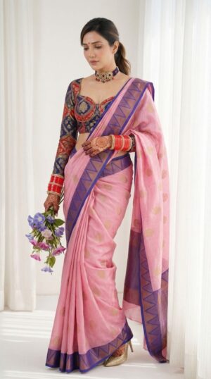 Cotton Silk Zari Buti Saree with Contrast Border (Multi-Color)