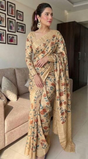 Floral Printed Georgette Saree with Contrast Border (Multi-Color)