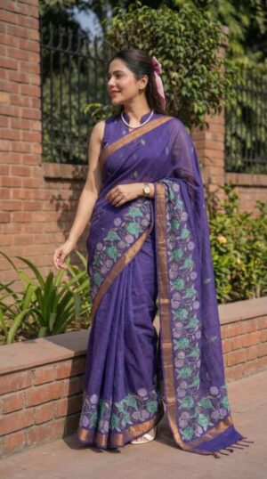 Floral Embroidered Cotton Silk Saree with Rich Border (Multi-Color)